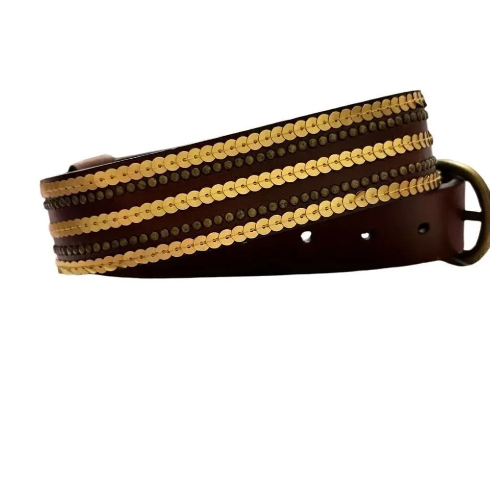 Express Brown Leather Belt Gold Sequins Bronze Studded Vintage NEW Size Small